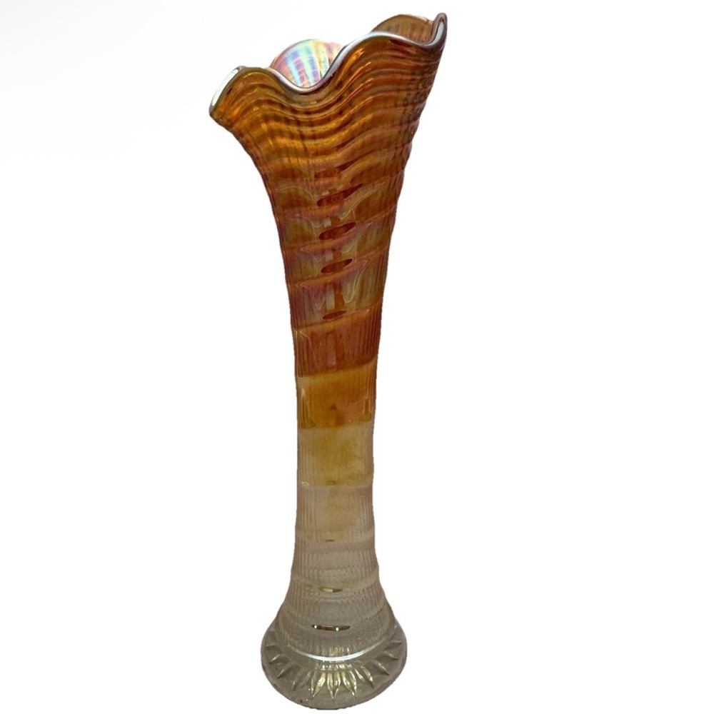 VTG Carnival Glass Swung Vase Marigold Iridescent Ribbed 12” - Picture 2 of 10